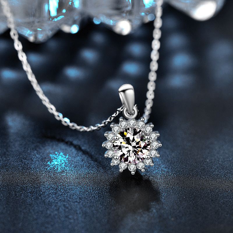 钻石之乡中国商丘莫桑925纯银太阳花项链ins女士欧美花朵吊a0141