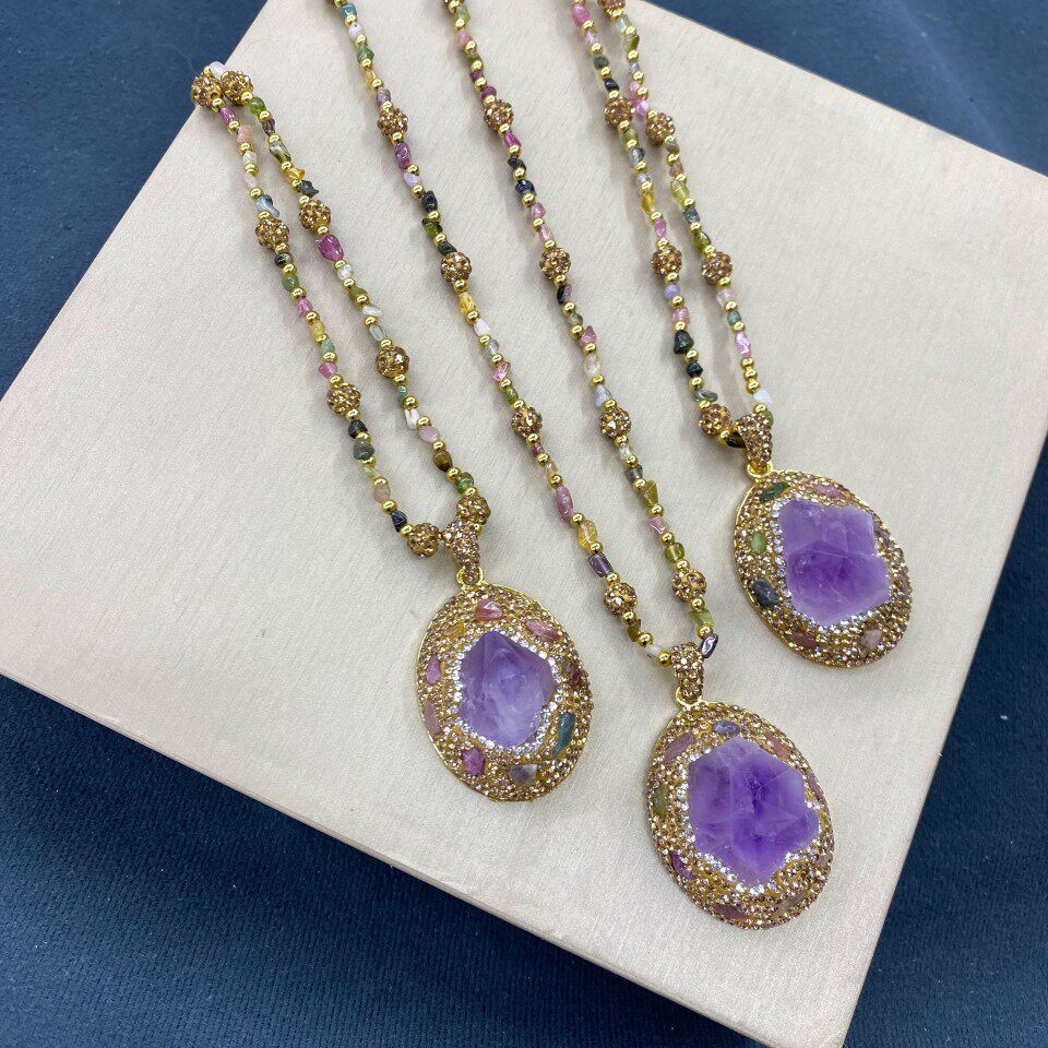 新款天然原矿紫晶花原石镶嵌碧玺项链时尚中古个性毛衣链气a2936
