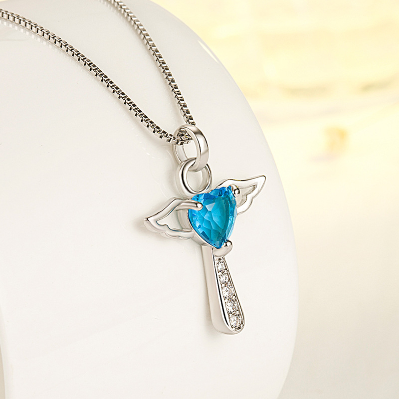 钻石之乡河南柘城河南人工钻石欧美跨境热卖天使翅膀爱心锆石吊坠