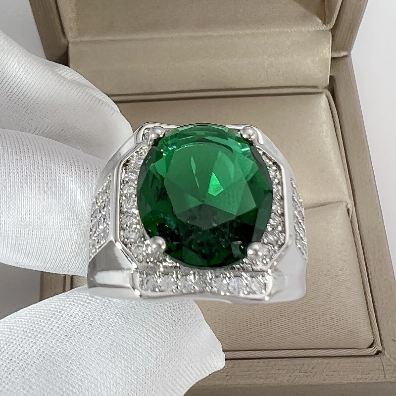 钻石之乡河南商丘开口霸气大裸钻仿绿宝石戒指 18K白金满钻a1082