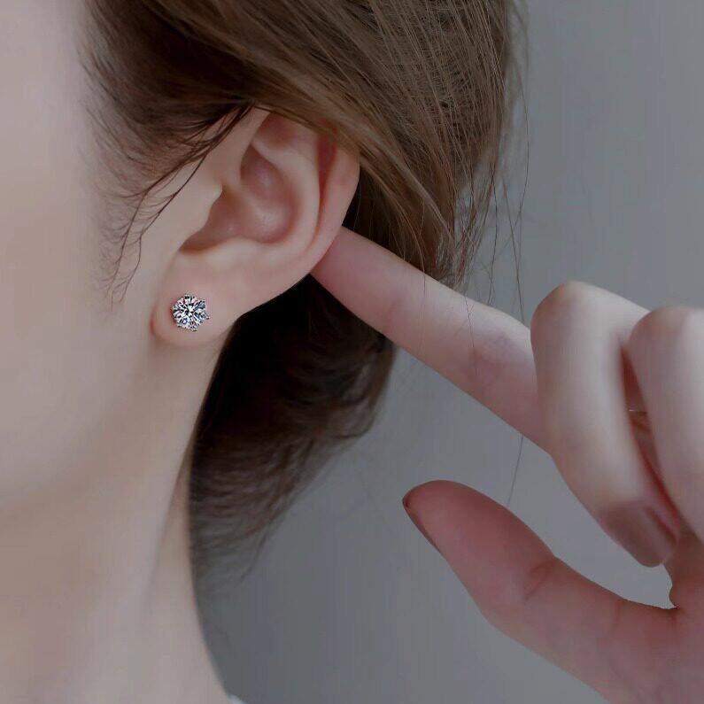 钻石之乡河南钻石商丘钻石时尚气质风经典六爪耳钉女925纯银a5048