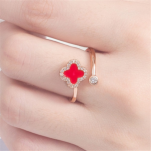 钻石之乡河南商丘韩版气质四片叶草戒指玫瑰金锆石滴油指环a0073