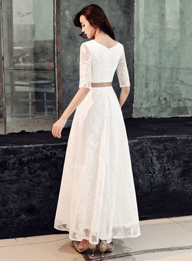 韩版宴会晚礼服白色蕾丝性感长款名媛女成人礼派对女学生202a4476