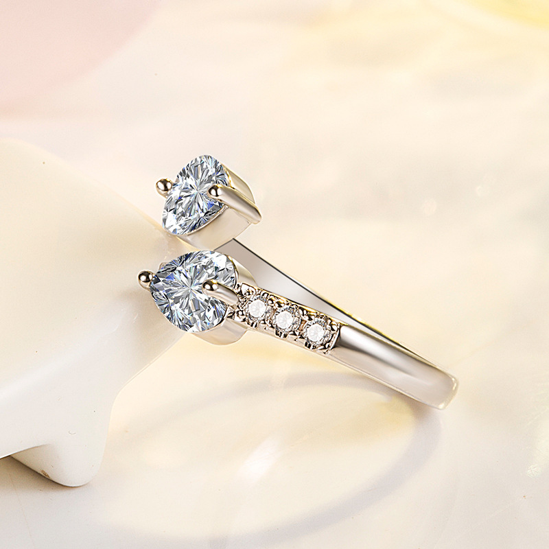 钻石之乡河南柘城河南人工钻石厂家日韩饰品双心满钻开口戒指 锆