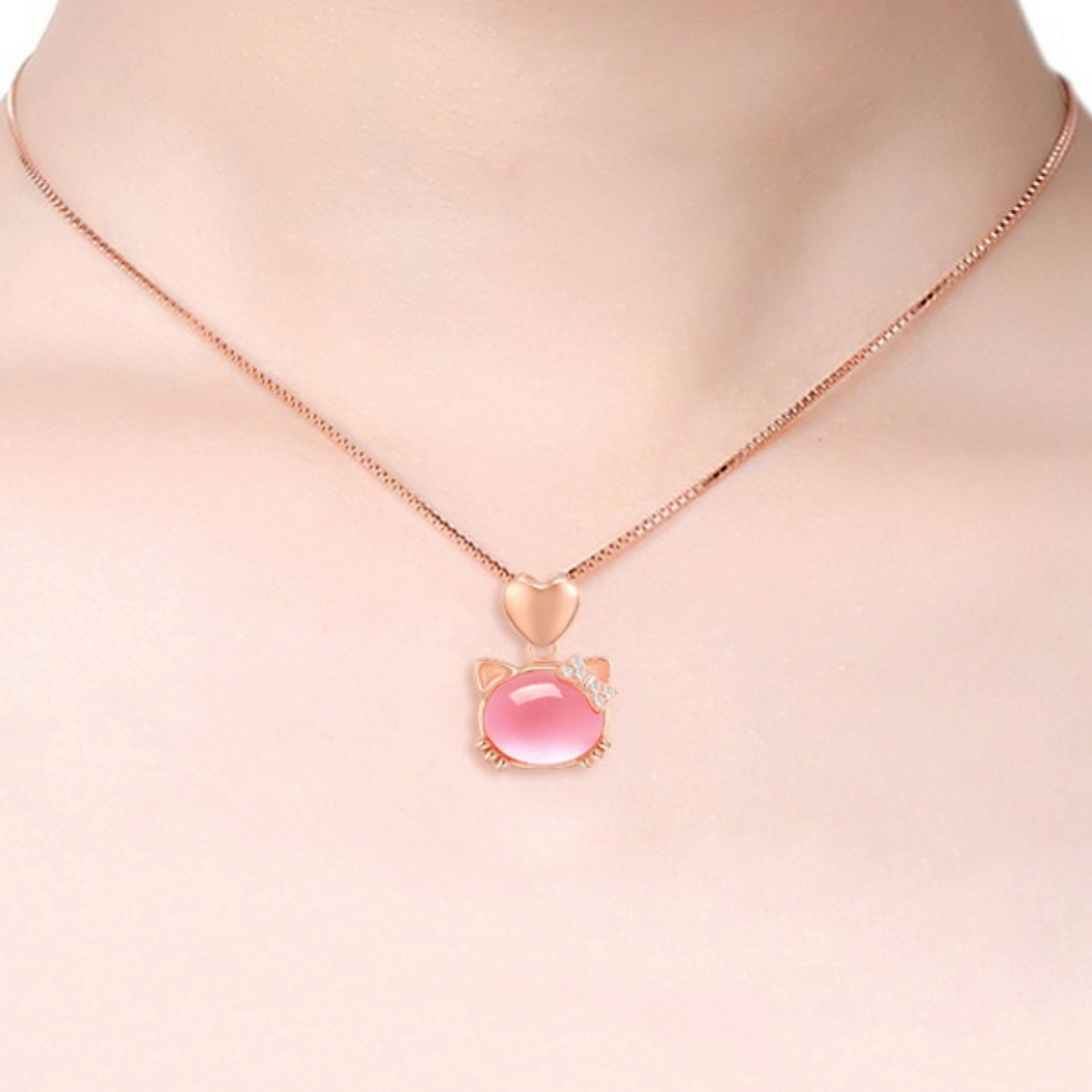 钻石之乡河南柘城河南人工钻石韩版心猫吊坠玫瑰金锁骨项链女天然