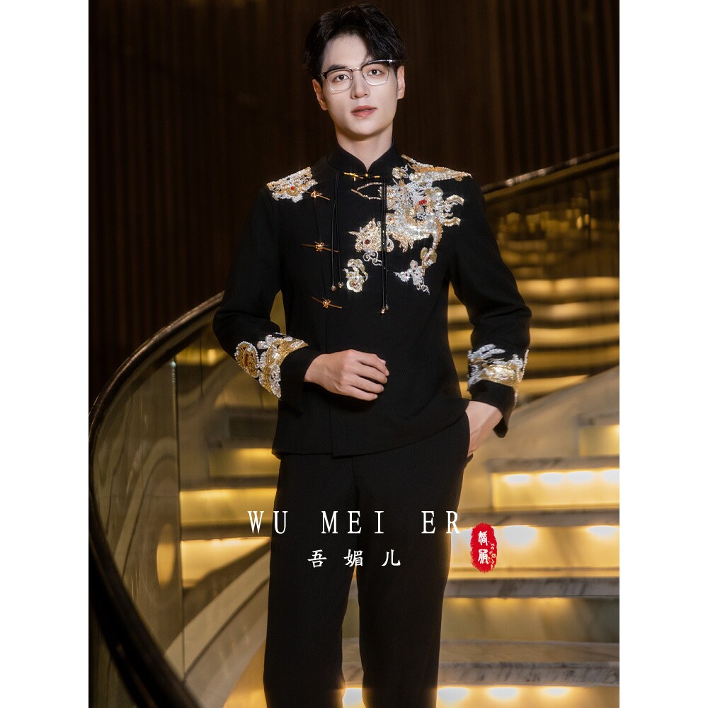 新中式中山装男士结婚套装新郎黑色西服礼服接亲高级感刺绣a4996