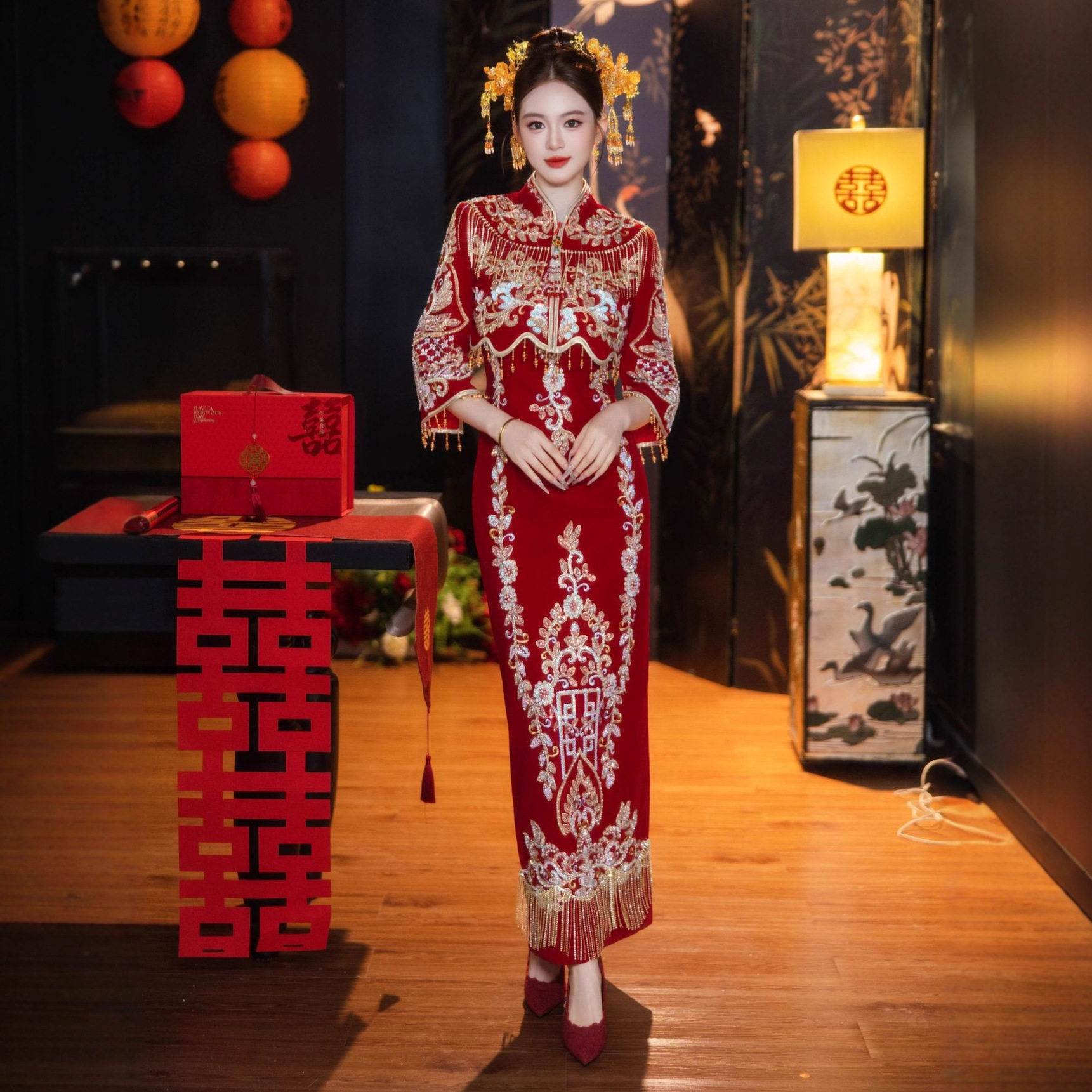 2026新娘新中式婚服重工出阁服V领敬酒服秀和丝绒敬酒出阁厂a5112