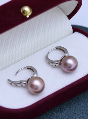 源头工厂淡水珍珠9-10mm正圆强光细微暇暇紫色S925银耳扣耳a2826