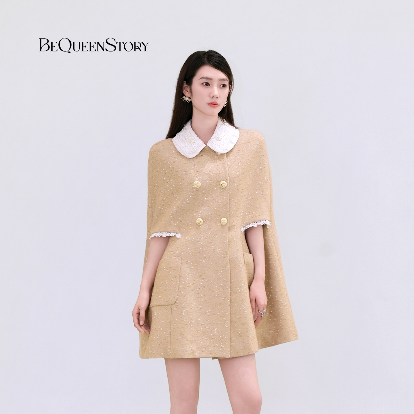 BeQueenStory26早春新款棕混色A字定制蕾丝双排扣小香风外套斗篷