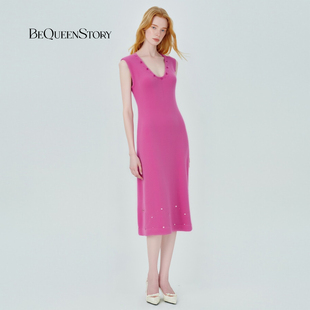 BeQueenStory2025春新款 v领针织背心伞裙连衣裙长裙 玫红镶钻修身