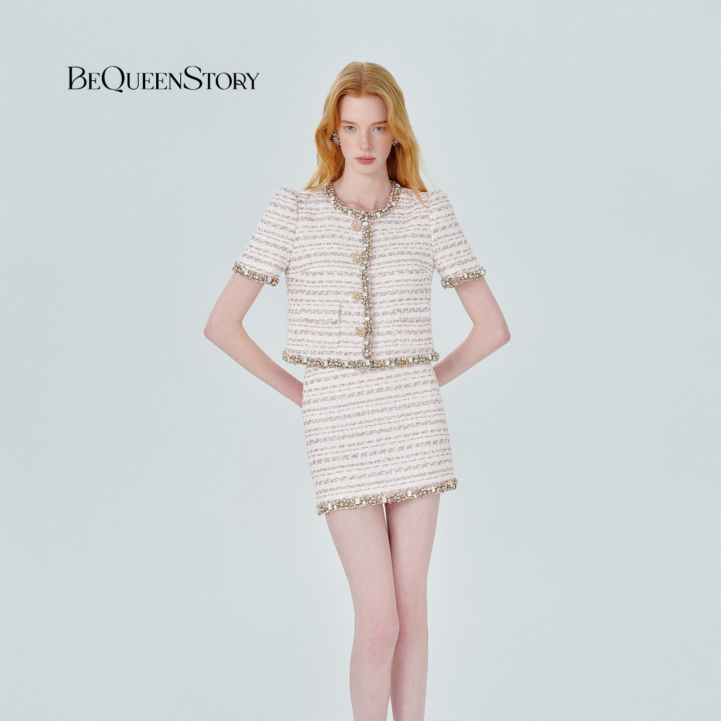 BeQueenStory26春夏新款粉条纹银丝钉钻千金小香风收腰半身裙短裙