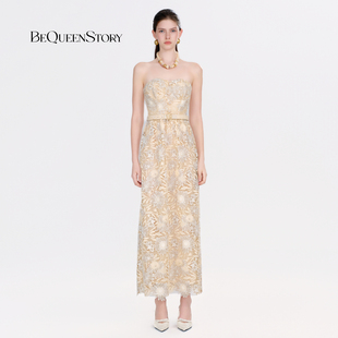 BeQueenStory2025早秋新款 黄重工钻饰蕾丝镂空抹胸收腰包身连衣裙