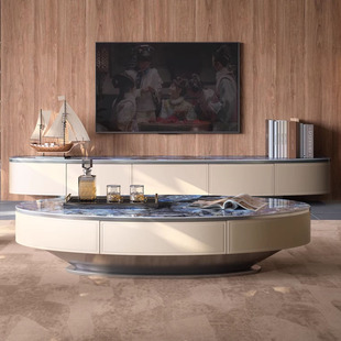 轻奢岩板茶几客厅家用2024新款 现代简约奢石椭圆实木茶桌电视机柜