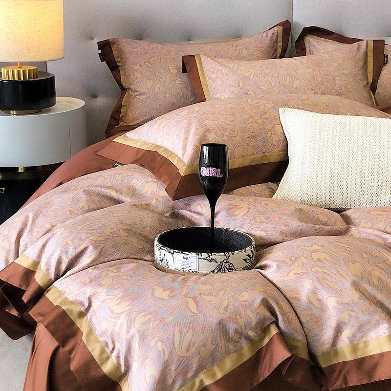 高档轻奢氛围感120支长绒棉四件套美式拼接印花套件1.8床被套床笠