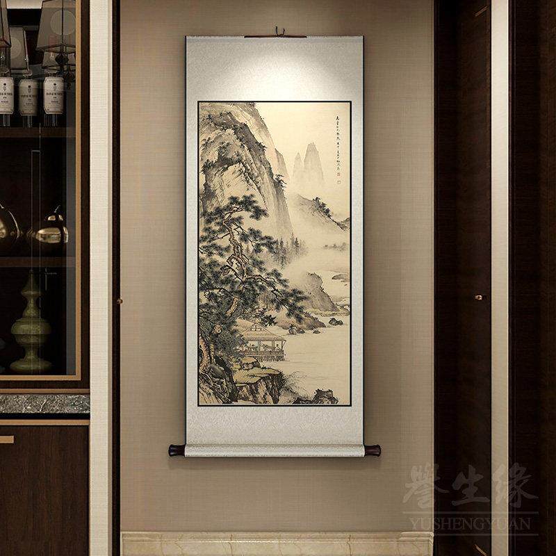 陈少梅山水画新中式卷轴挂画竖版玄关走廊过道装饰画饭厅书房壁画