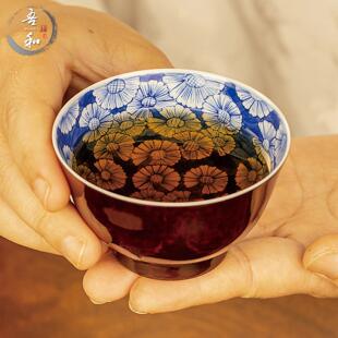 吾和漆器茶具福州非遗大漆红透内绘冰梅压手杯景德镇青花瓷主人杯