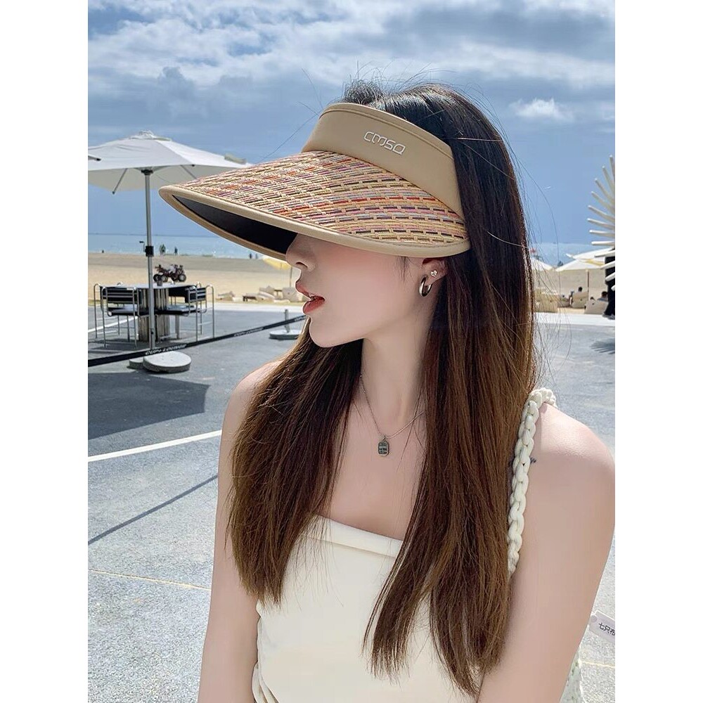 空顶防晒帽女夏季防紫外线大帽檐彩虹沙滩遮阳草帽骑车遮脸太阳帽