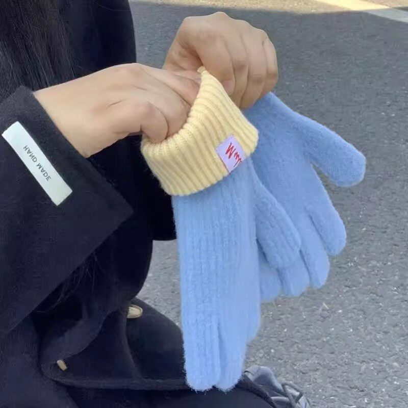 针织羊绒手套女冬季新款触屏加绒保暖加厚防寒分指韩版毛线手套潮