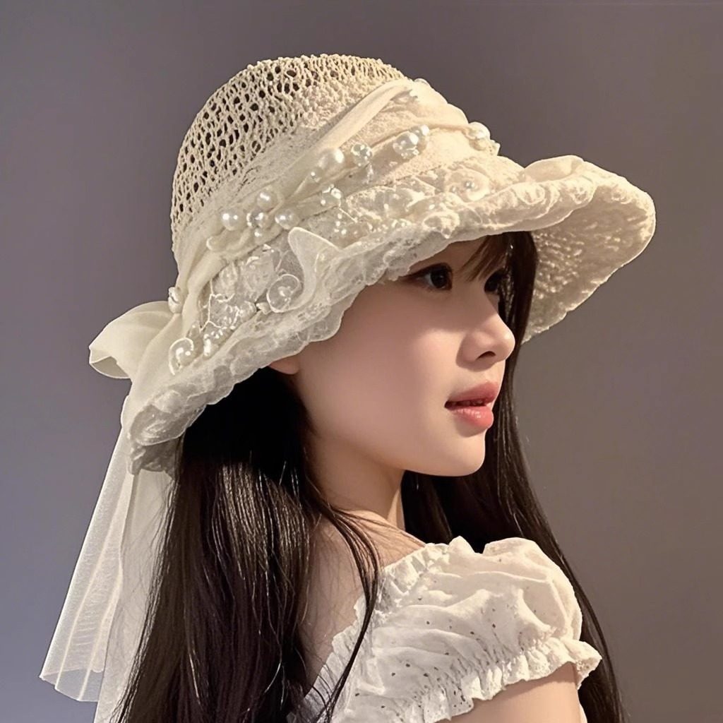 蕾丝珍珠蝴蝶结系带法式草帽女夏季海边度假风遮阳防晒帽渔夫帽子