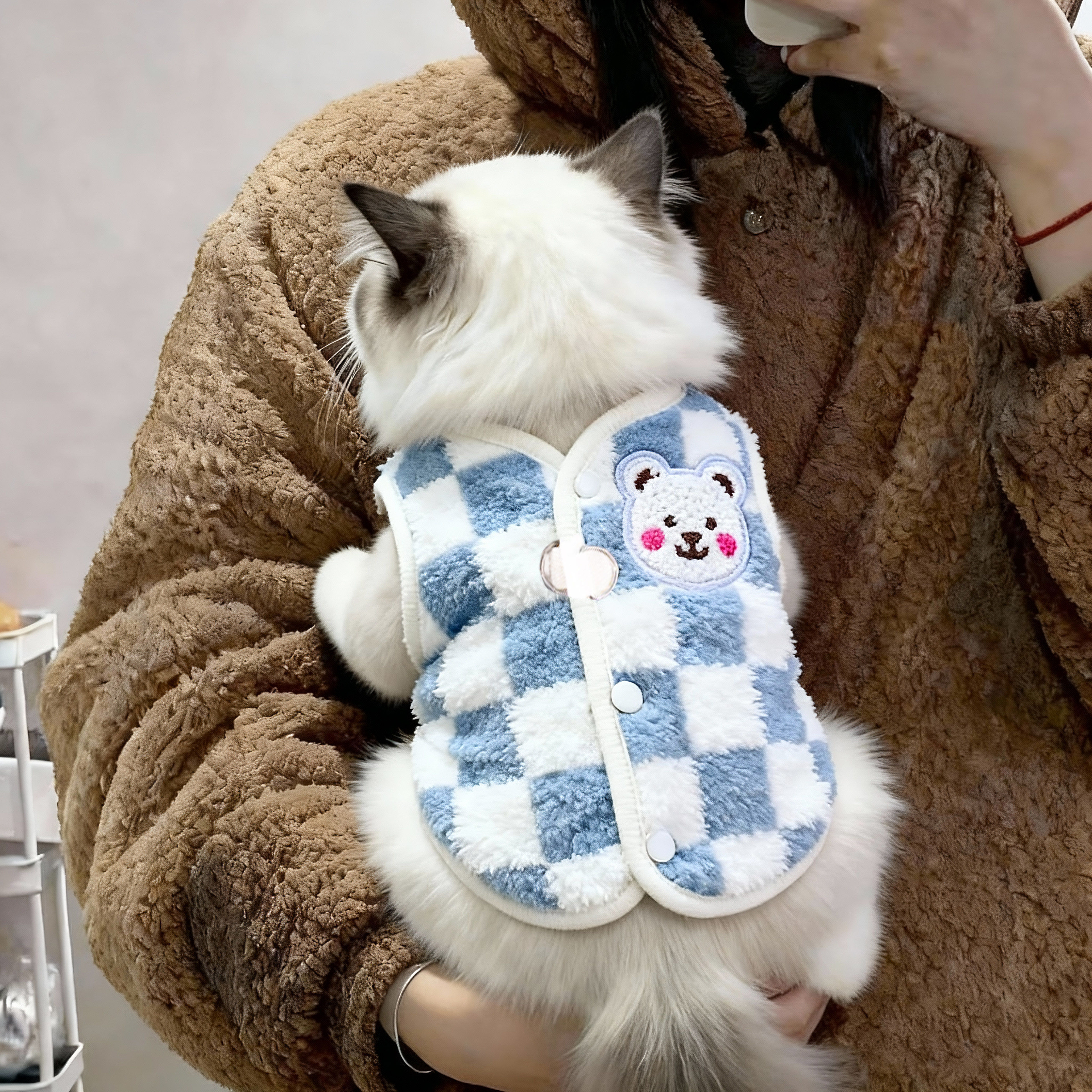 小猫咪衣服秋冬款加绒保暖马甲狗狗冬天防掉毛可牵引毛绒格子开衫