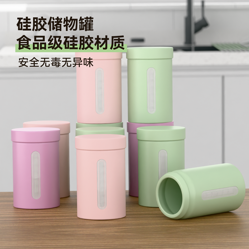 圆形食品级硅胶密封罐子大口瓶透明厨房调料储物罐花茶坚果饼干罐