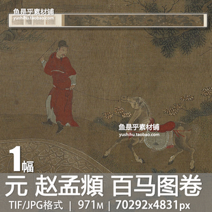 元赵孟頫百马图卷古代山水人物画洗马奔马饮马图高清电子图片素材