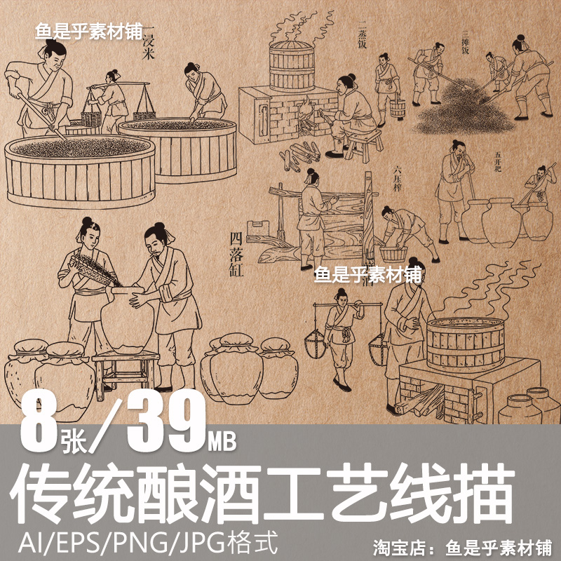 古代古法传统酿酒工艺制作流程图酿制作坊流程AI矢量线描白描线图