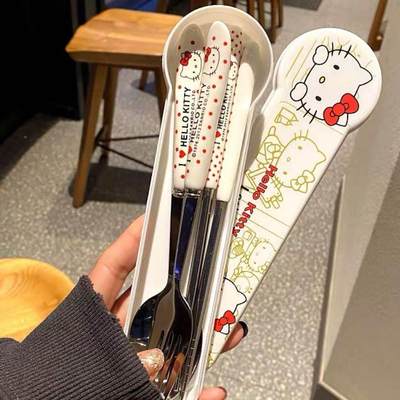 可爱卡通凯蒂猫筷子勺子304不锈钢套装上班族学生便携出行餐具