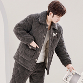 睡衣冬季 三层珊瑚绒夹棉袄加厚加绒保暖拉链款 家居服套装 男士 冬款