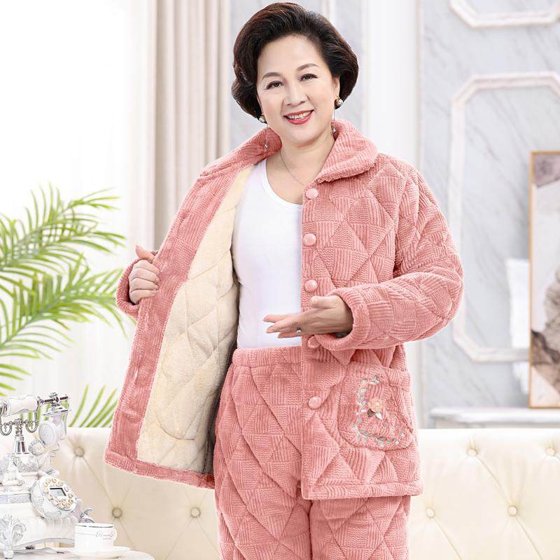 中老年妈妈款女士睡衣秋冬季加厚保暖三层夹棉袄珊瑚绒家居服套装