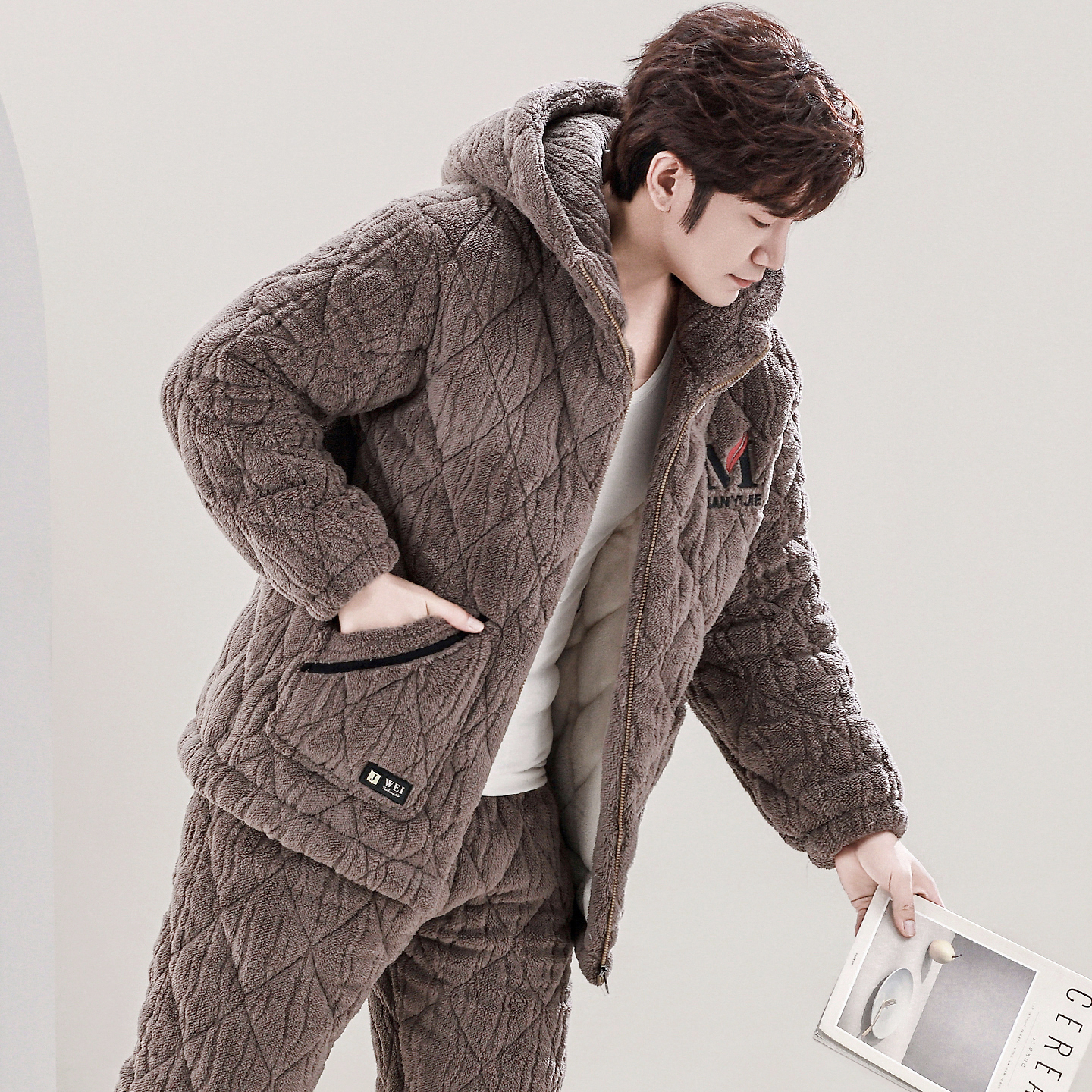 新款男士连帽款睡衣冬季三层夹棉