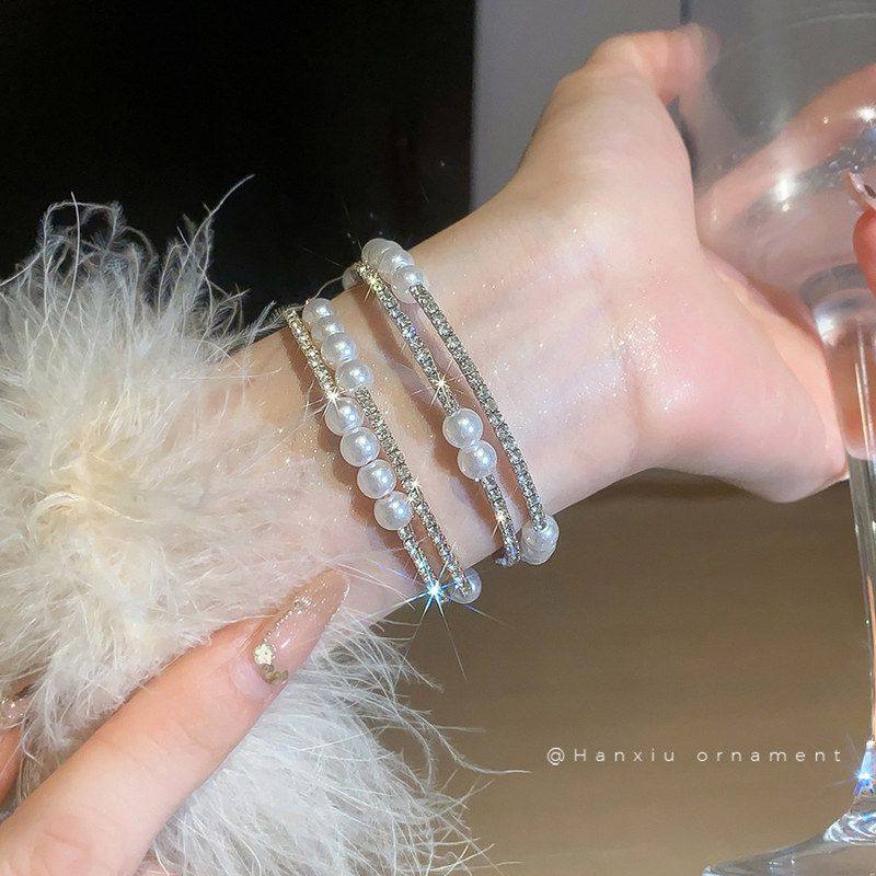 手饰珍珠女开口双层高级感手环法式气质镶钻复古手镯简约轻奢时尚