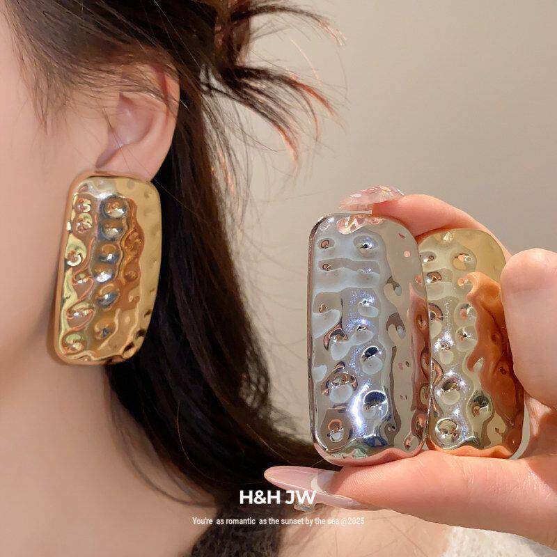 方形褶皱耳钉批发重工耳饰吊坠小众独特女热销夸张欧美耳环设计感