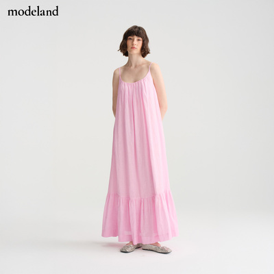 露背度假亚麻褶皱裙摆吊带连衣裙