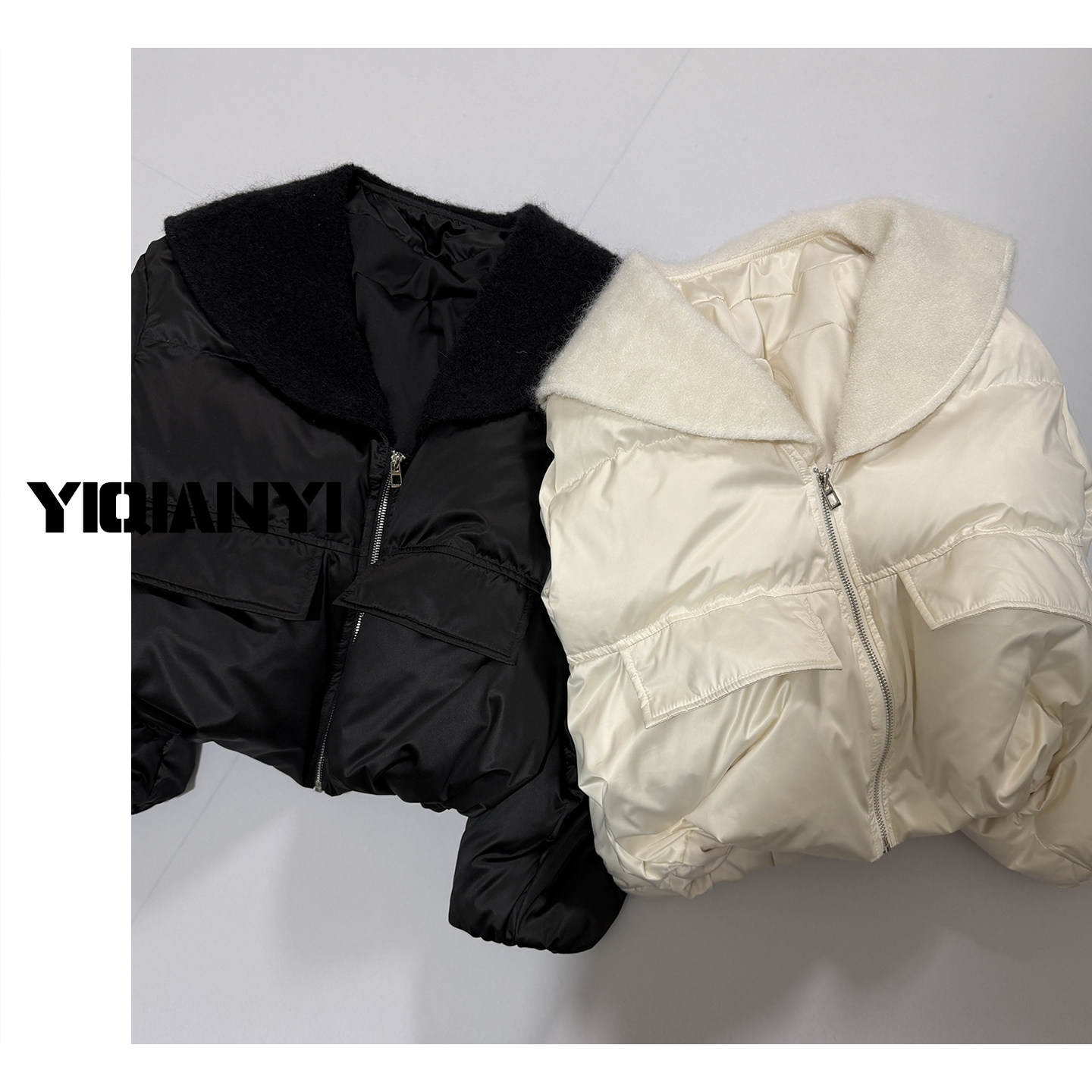 欧货正品短款鹅绒服海军风大翻领马海毛拼接双口袋精致氧气羽绒服