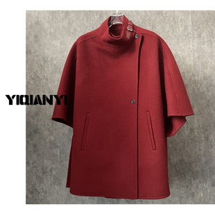 立领系皮带装饰不对称100%绵羊毛呢斗篷外套女红色气质显瘦大衣