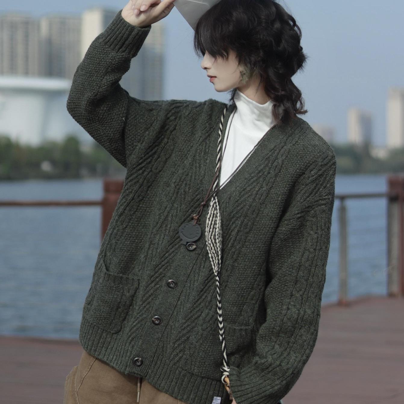 牧游昏昏 秋冬日系复古情侣针织衫开衫外套男宽松百搭文艺毛衣潮