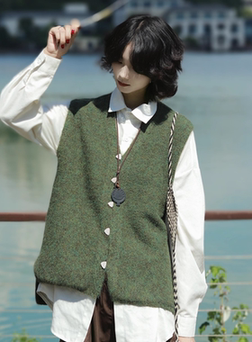 牧游昏昏日系复古无袖V领纯色男女叠穿针织慵懒宽松马甲