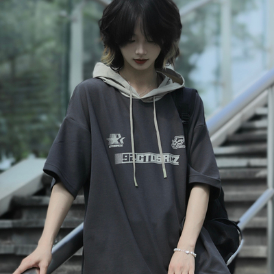 牧游昏昏 夏季日系学院风字母印花套头连帽宽松休闲个性短袖t恤男