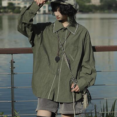 牧游昏昏日系复古水洗做旧脏染宽松长袖衬衫廓形纯棉中性外套男潮