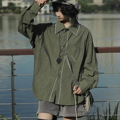 牧游昏昏日系复古水洗做旧脏染宽松长袖衬衫廓形纯棉中性外套男潮