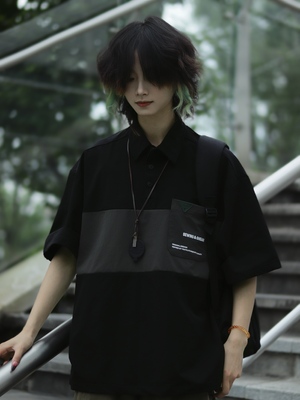 牧游昏昏夏季日系复古拼接工装短袖衬衫宽松中性polo衫半袖男女潮