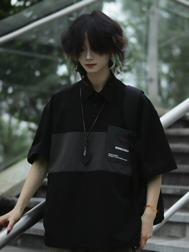 牧游昏昏夏季日系复古拼接工装短袖衬衫宽松中性polo衫半袖男女潮