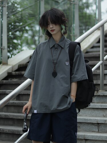 牧游昏昏夏季日系复古polo衫工装短袖衬衫宽松中性百搭半袖男女潮