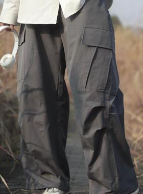 牧游昏昏日系复古纯色松紧腰抽绳工装裤男休闲宽松长裤子简约百搭