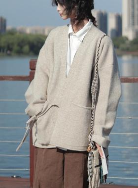 牧游昏昏慵懒风新中式道袍开衫针织衫日系复古设计感毛衣外套男潮