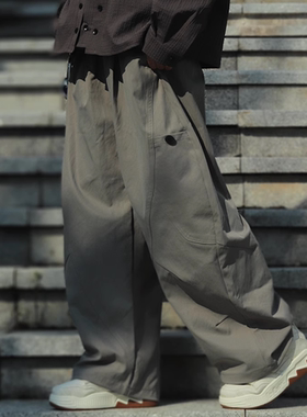 牧游昏昏日系复古宽松褶皱纯色弯刀裤休闲工装裤男女潮