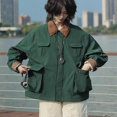 牧游昏昏 日系复古春秋情侣翻领撞色休闲夹克宽松百搭工装外套潮