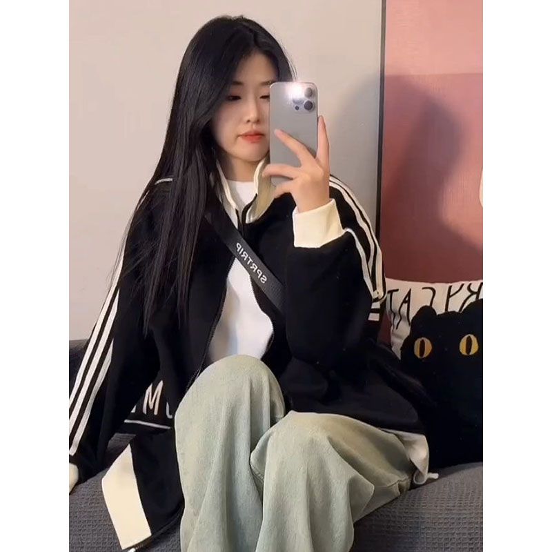 撞色拼接立领卫衣外套女春秋百搭宽松中长款拉链棒球服运动上衣服