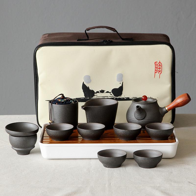 黑陶旅行功夫茶具套装家用陶瓷茶壶茶杯粗陶户外便携泡茶盘小套装